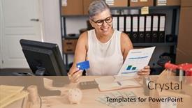  Presentation with business card - Presentation design with middle-age-woman-ecommerce-business background and a coral colored foreground