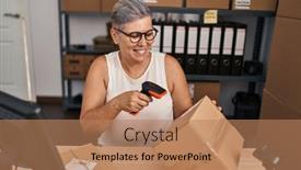  Presentation with scanning - Theme enhanced with middle-age-woman-ecommerce-business background and a coral colored foreground