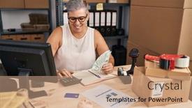  Presentation with accounting - Presentation theme enhanced with middle-age-woman-ecommerce-business background and a coral colored foreground