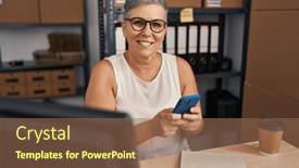  Presentation with ecommerce - Slide deck enhanced with middle-age-woman-ecommerce-business background and a violet colored foreground