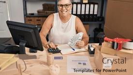  Presentation with economy - Presentation theme with middle-age-woman-ecommerce-business background and a coral colored foreground