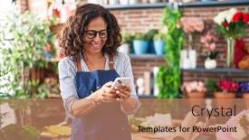  Presentation with flower woman - Presentation theme consisting of middle-age-woman-florist-smiling background and a  colored foreground
