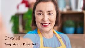  Presentation with flower woman - Theme having middle-age-woman-florist-smiling background and a lemonade colored foreground