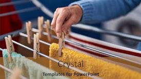  Presentation with laundry cloth - Slide set with middle-age-woman-hanging-clothes background and a gold colored foreground