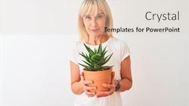  Presentation with cactus - PPT layouts featuring middle age woman holding cactus pot standing over isolated white background with a confident expression on smart face thinking serious background and a lemonade colored foreground