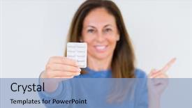  Presentation with pharmaceutical - Presentation theme enhanced with middle age woman holding pharmaceutical background and a light blue colored foreground