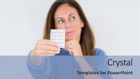  Presentation with pharmaceutical - Presentation having middle age woman holding pharmaceutical background and a light blue colored foreground