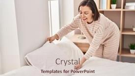  Presentation with bed - Presentation theme with middle-age-woman-making-bed background and a  colored foreground
