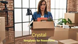  Presentation with new home - Presentation design enhanced with middle-age-woman-moving background and a coral colored foreground