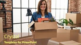  Presentation with new home - PPT theme with middle-age-woman-moving background and a coral colored foreground