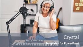  Presentation with piano keyboard - Presentation theme consisting of middle-age-woman-musician-playing background and a gray colored foreground