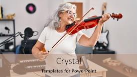  Presentation with music studio - Presentation theme featuring middle-age-woman-musician-playing background and a coral colored foreground