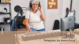  Presentation with piano keyboard - PPT theme enhanced with middle-age-woman-musician-playing background and a  colored foreground