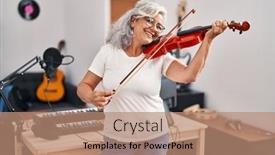  Presentation with music studio - Presentation design consisting of middle-age-woman-musician-playing background and a coral colored foreground