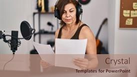  Presentation with music studio - Presentation theme having middle-age-woman-musician-reading background and a coral colored foreground