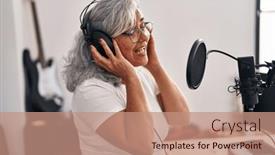  Presentation with music singing - Slide deck consisting of middle-age-woman-musician-singing background and a coral colored foreground