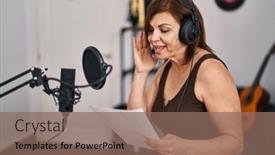  Presentation with music singing - Theme consisting of middle-age-woman-musician-smiling background and a violet colored foreground