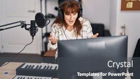 Presentation with music studio - Presentation design with middle-age-woman-musician-smiling and a  colored foreground