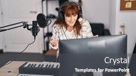  Presentation with music studio - PPT theme consisting of middle-age-woman-musician-smiling background and a dark gray colored foreground