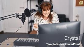  Presentation with music studio - PPT layouts featuring middle-age-woman-musician-smiling background and a dark gray colored foreground