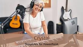  Presentation with music studio - Presentation design having middle-age-woman-musician-writing background and a coral colored foreground