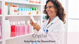  Presentation with sunscreen - PPT theme having middle-age-woman-pharmacist-holding background and a lemonade colored foreground