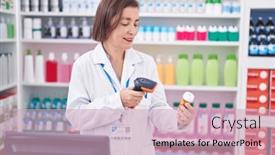 Presentation with scanning - PPT theme consisting of middle-age-woman-pharmacist-scanning background and a soft green colored foreground