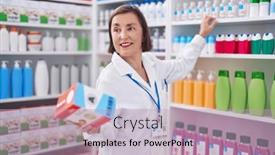  Presentation with pharmacy - Presentation design featuring middle-age-woman-pharmacist-smiling background and a coral colored foreground
