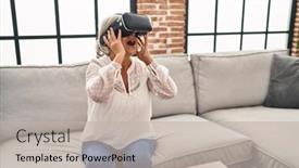  Presentation with video game - PPT theme featuring middle-age-woman-playing-video background and a light gray colored foreground