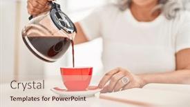  Presentation with cup coffee - Presentation theme enhanced with middle-age-woman-pouring-coffee background and a  colored foreground