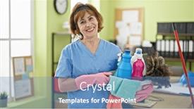  Presentation with clean - Presentation featuring middle-age-woman-professional-cleaner background and a teal colored foreground