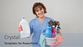 Presentation with clean - PPT layouts featuring middle-age-woman-professional-cleaner background and a light blue colored foreground