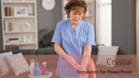  Presentation with pregnant woman cleaning - Presentation theme featuring middle-age-woman-professional-cleaner background and a coral colored foreground