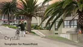  Presentation with bike - PPT theme featuring middle-age-woman-pushing background and a mint green colored foreground