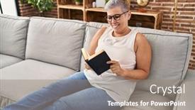  Presentation with reading bible - Presentation design enhanced with middle-age-woman-reading-bible background and a gray colored foreground