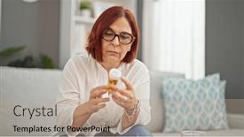  Presentation with information age - PPT theme consisting of middle-age-woman-reading-pills background and a coral colored foreground
