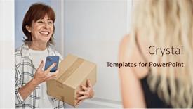  Presentation with smartphone - PPT theme with middle-age-woman-receiving-package and a  colored foreground