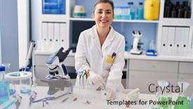  Presentation with flower woman - PPT theme featuring middle-age-woman-scientist-holding background and a light gray colored foreground