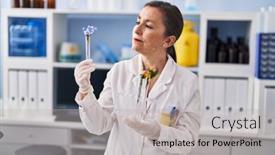  Presentation with flower woman - Presentation theme consisting of middle-age-woman-scientist-holding background and a light gray colored foreground