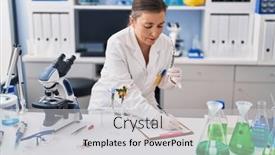  Presentation with test tube laboratory - Slide deck consisting of middle-age-woman-scientist-holding background and a light gray colored foreground