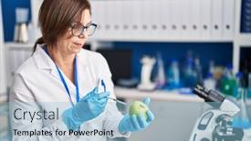  Presentation with scientist - Theme having middle-age-woman-scientist-injecting background and a light blue colored foreground