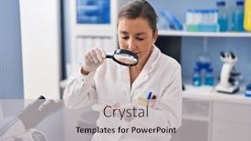  Presentation with looking glass - PPT theme with middle-age-woman-scientist-looking background and a light gray colored foreground