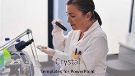  Presentation with looking glass - Presentation design enhanced with middle-age-woman-scientist-looking background and a light gray colored foreground