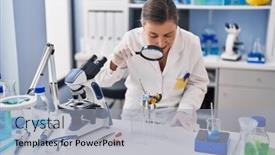  Presentation with looking glass - PPT theme enhanced with middle-age-woman-scientist-looking background and a light gray colored foreground