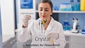  Presentation with liquid - Presentation design consisting of middle-age-woman-scientist-pouring background and a light gray colored foreground