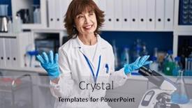  Presentation with speaking - Presentation theme with middle-age-woman-scientist-smiling background and a light gray colored foreground