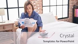  Presentation with accounting - Presentation design enhanced with middle-age-woman-sitting background and a  colored foreground