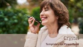  Presentation with listening woman - PPT theme featuring middle-age-woman-smiling-confident background and a soft green colored foreground