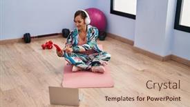  Presentation with listening woman - Presentation theme with middle-age-woman-smiling-confident background and a soft green colored foreground