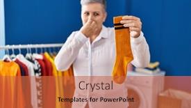  Presentation with laundry room - Presentation featuring middle-age-woman-smiling-confident background and a red colored foreground